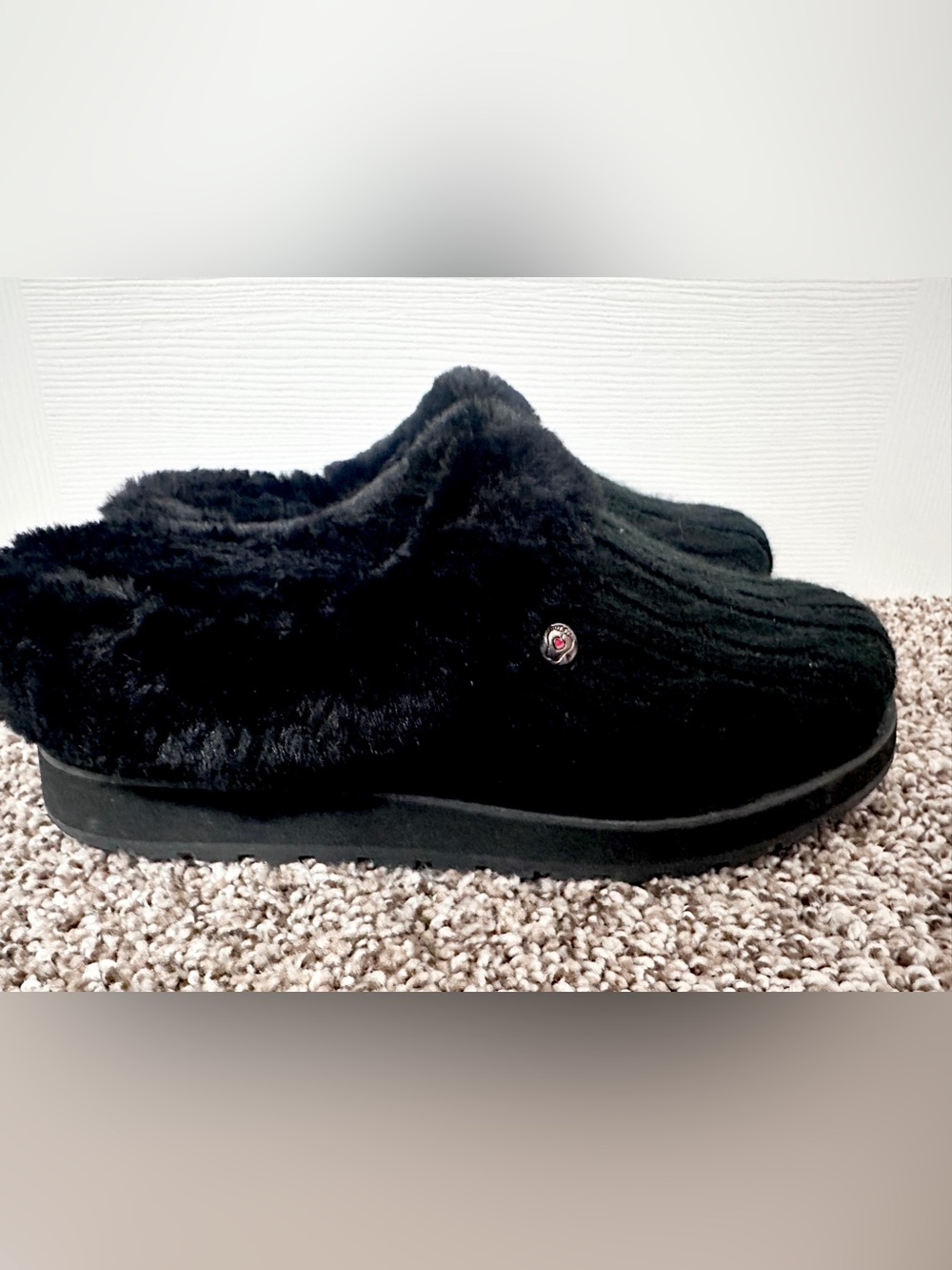 BOBS from Skechers Black Knit Faux-Fur Clog Slippers